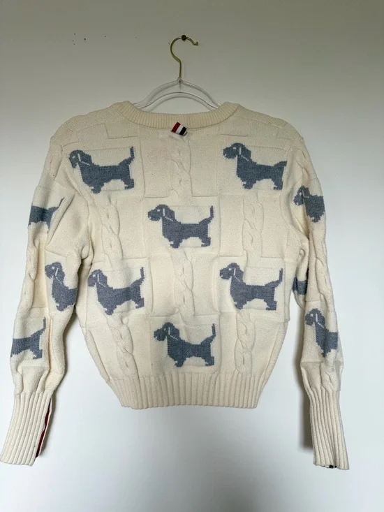 Thom Browne Cream Cardigan with Gray Dog Motif and Signature Trim - Picture 8 of 8